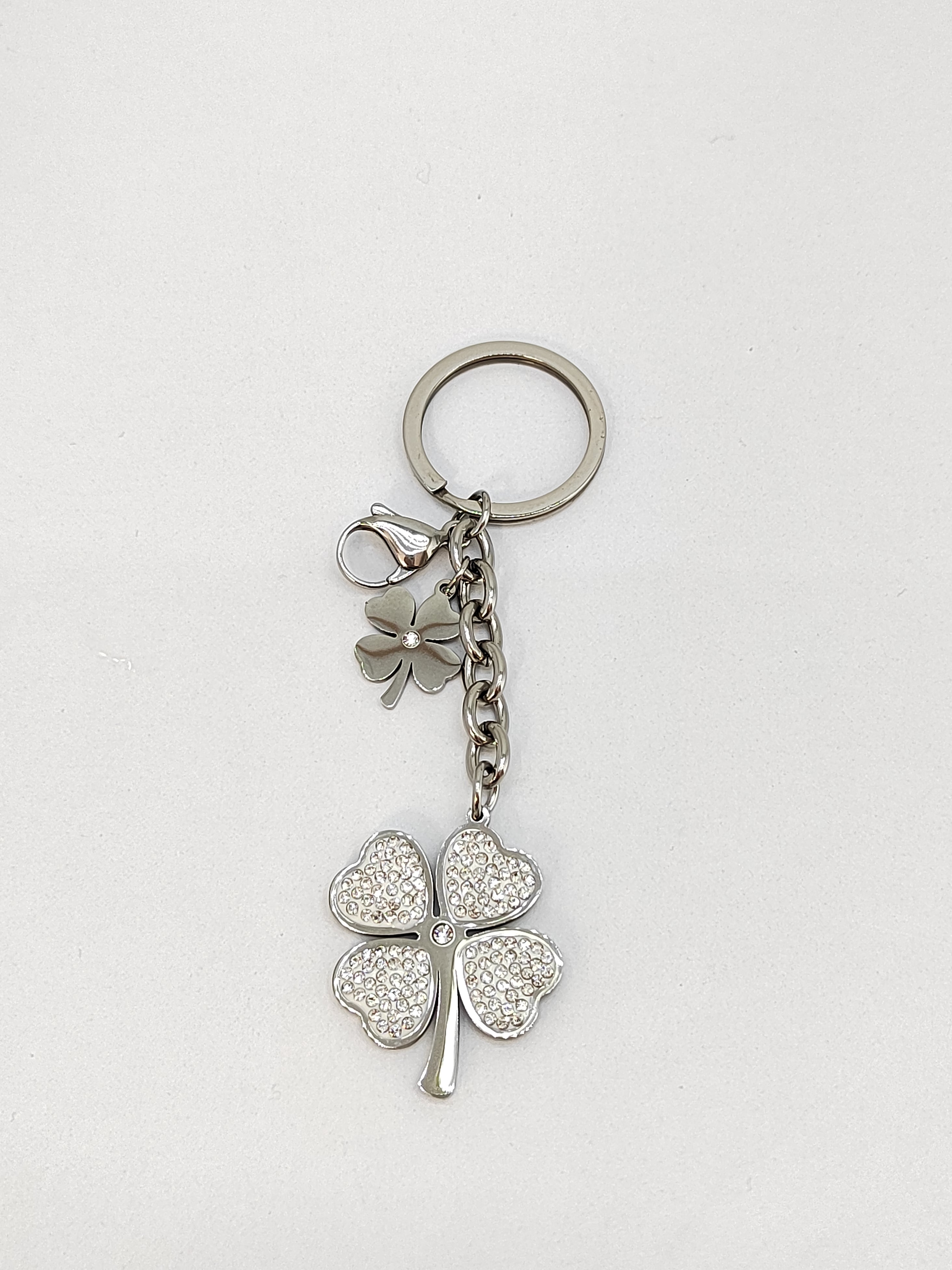 portachiavi in acciaio quadrifoglio con strass