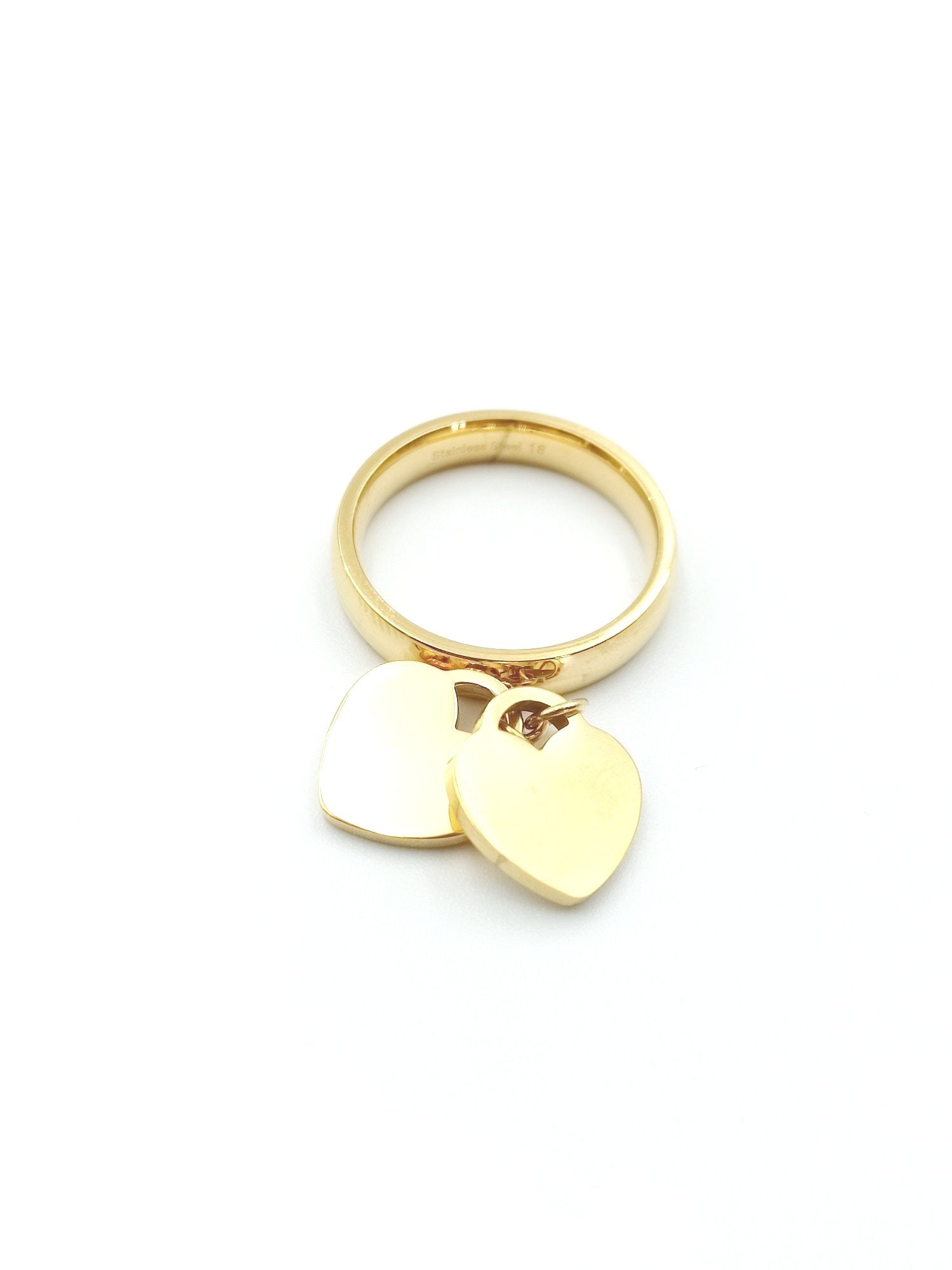 anello in acciaio con due ciondolini a cuore, colore gold