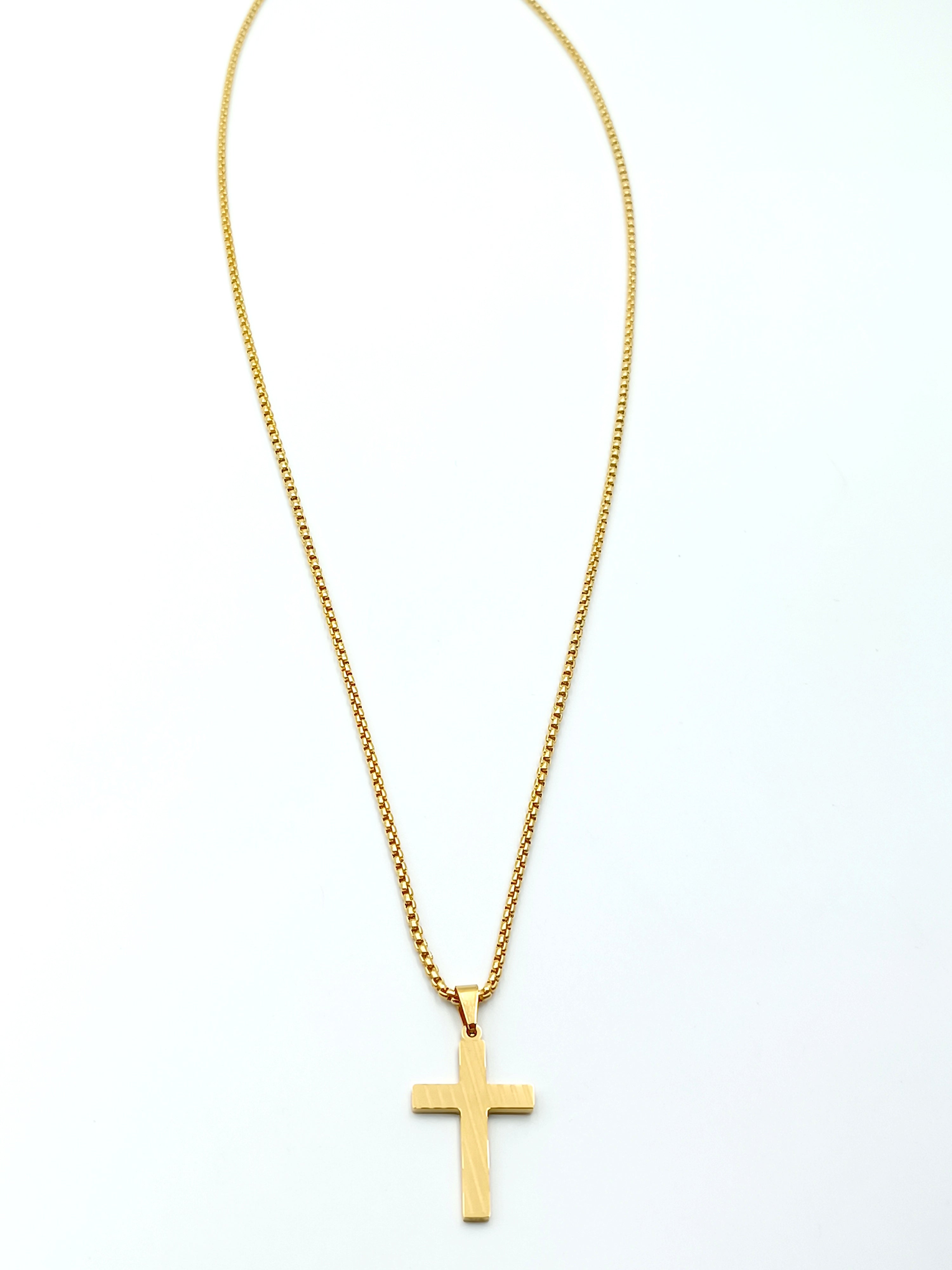 collana croce con strisce in acciaio gold
