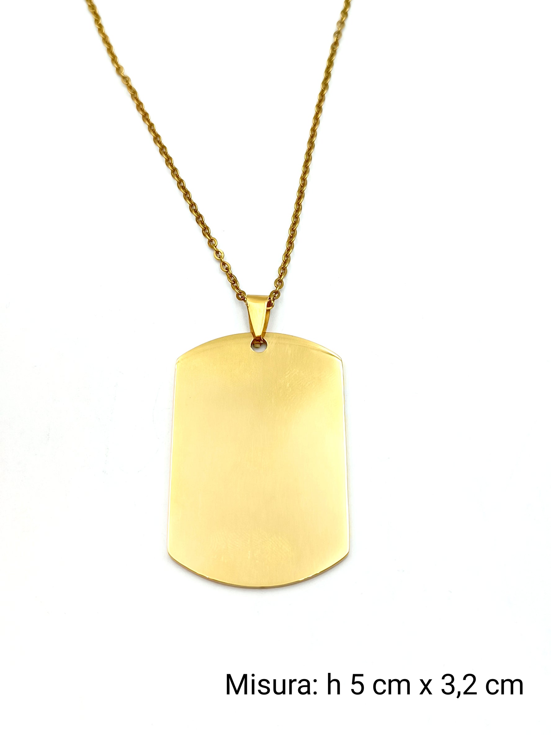 Collana con piastrina rettangolare con fotoincisione in acciaio gold, big catena semplice